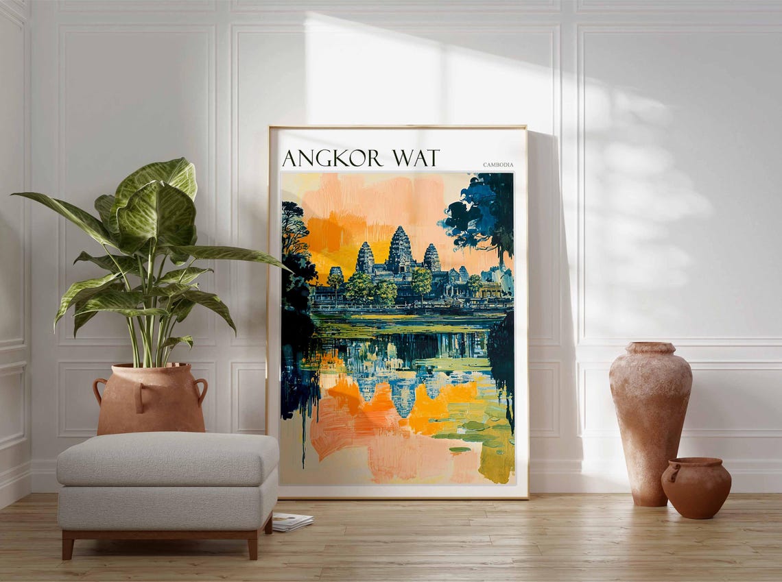 Angkor Wat Cambodia Fiery Sunset Reflection Colorful Art Poster - Image 2
