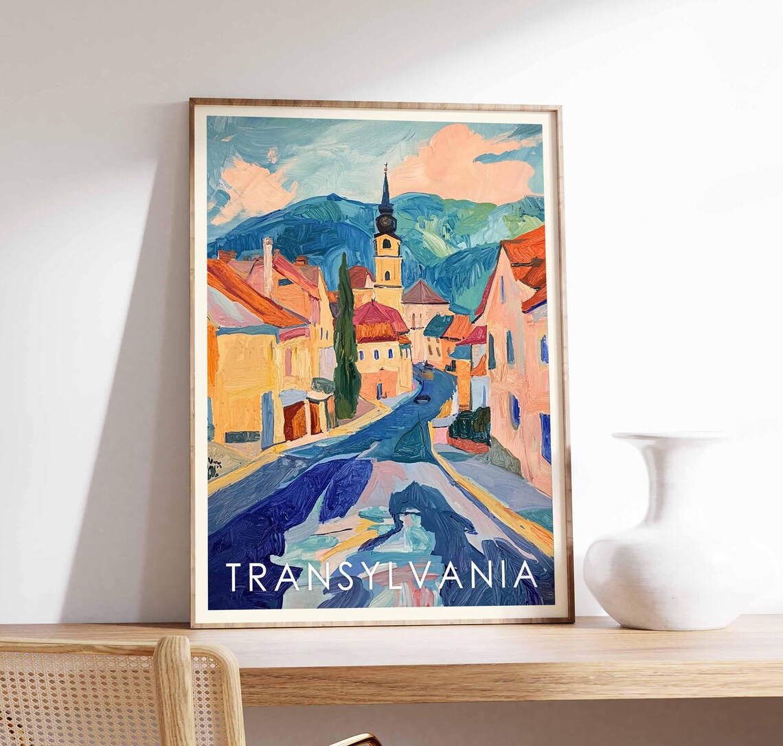 Transylvania Town Romania Church Tower Mountain Street Travel Poster
