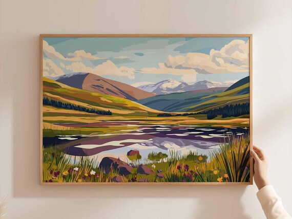 Cairngorms Meadow Loch Wildflowers Rolling Hills Summer Poster