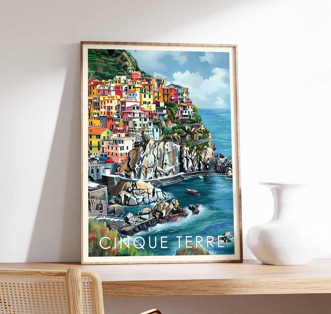 Cinque Terre Colorful Cliff Houses Rocky Cove Ocean Scene Poster