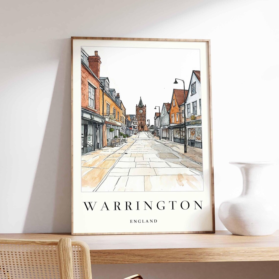 Warrington England Town Hall Clock Tower Street Watercolor Poster