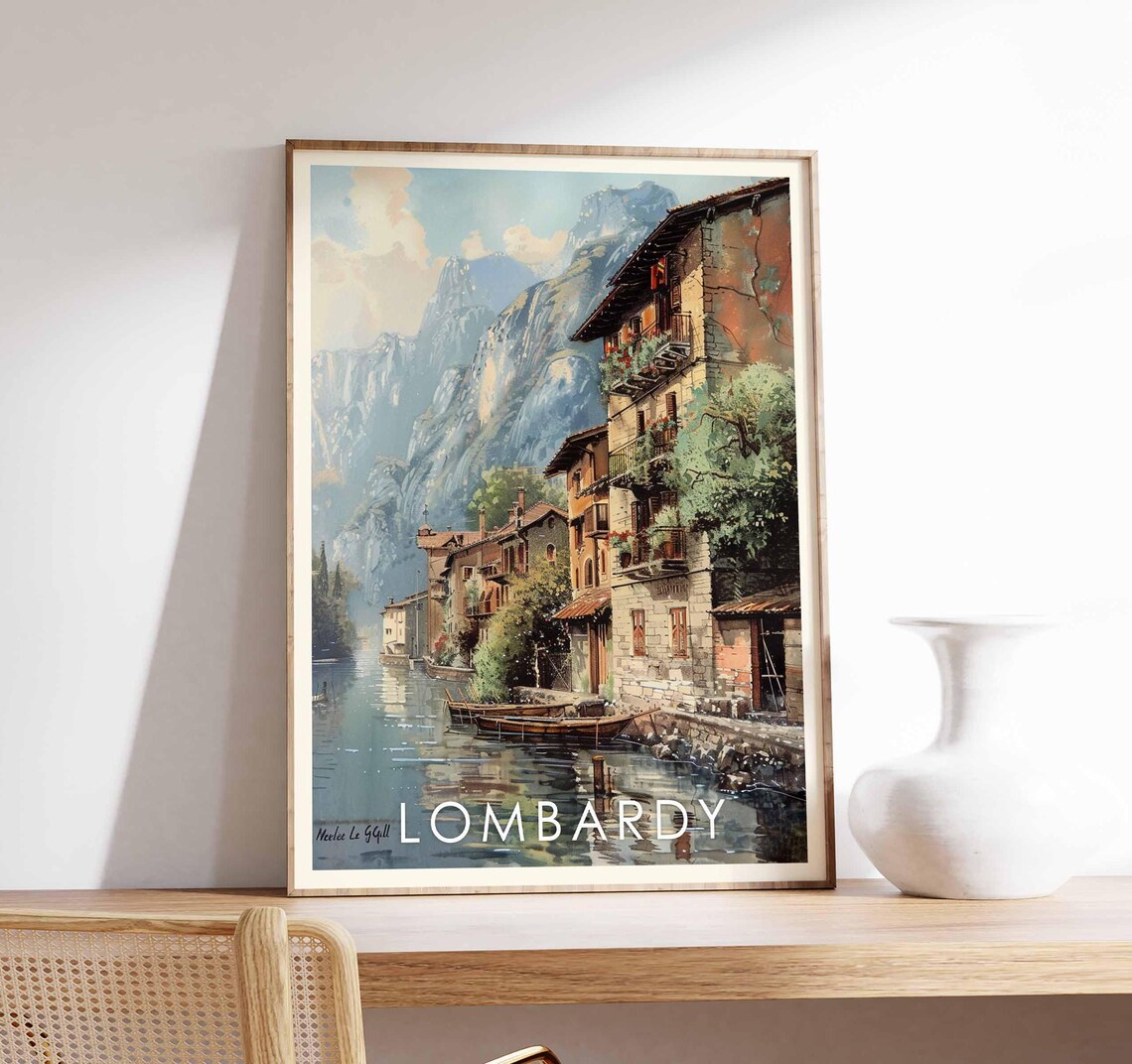Lombardy Italy Lakeside Village Mountain Scenic Vintage Art Poster