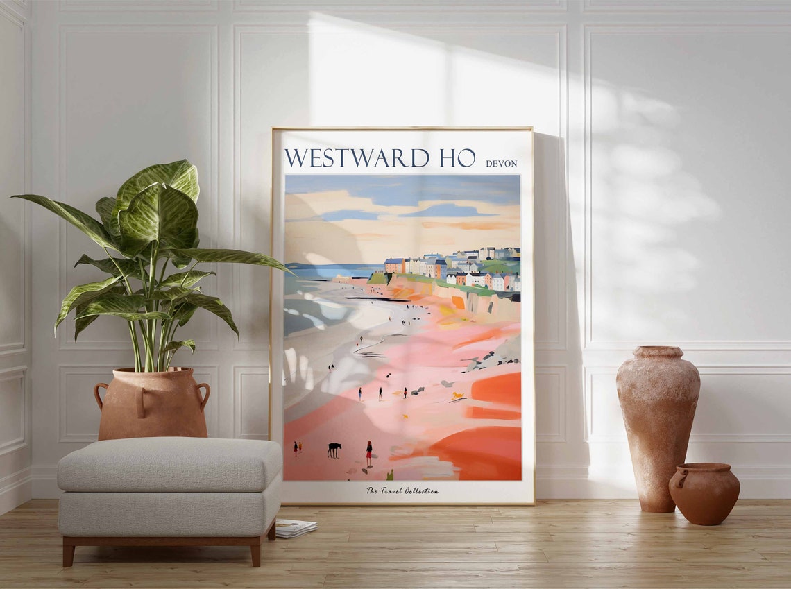Westward Ho Devon Pink Sandy Beach Cliffs Seaside Town Coast Poster - Image 2