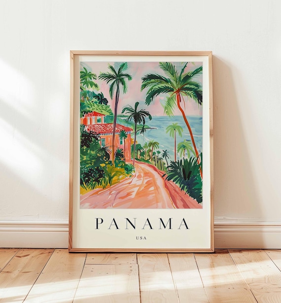 Panama USA Tropical Hillside Road Palms Ocean View Travel Poster