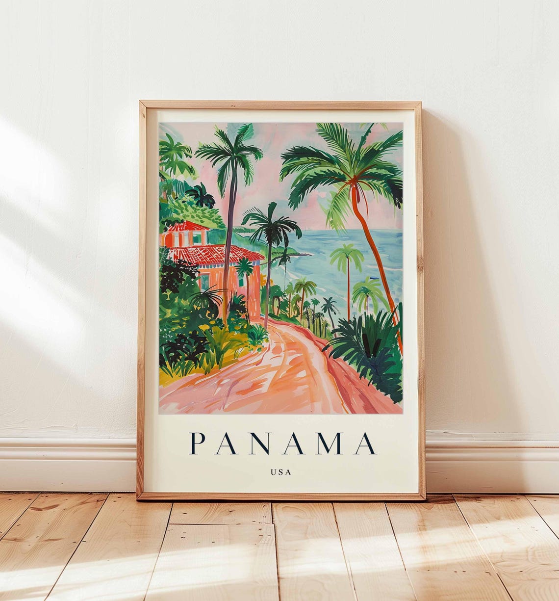 Panama USA Tropical Hillside Road Palms Ocean View Travel Poster
