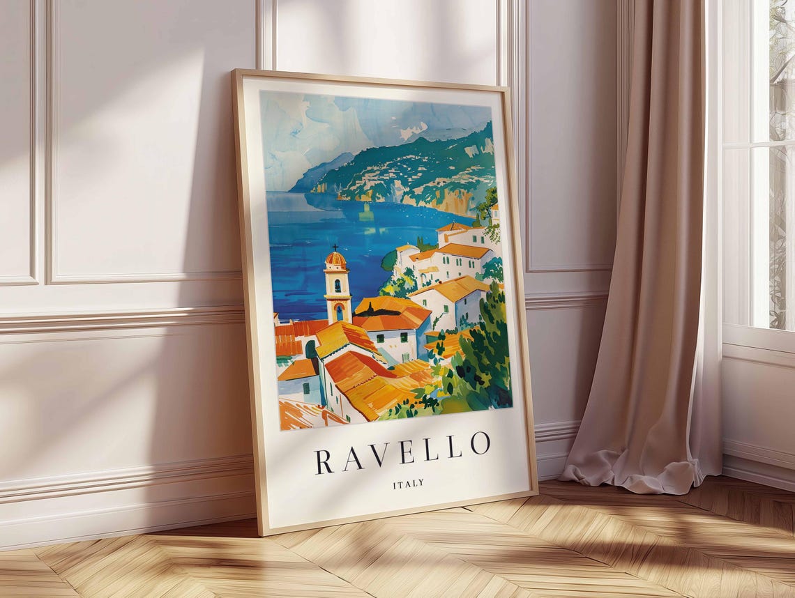 Ravello Italy Aerial Coastal Town Church Tower Orange Rooftops Poster - Image 2