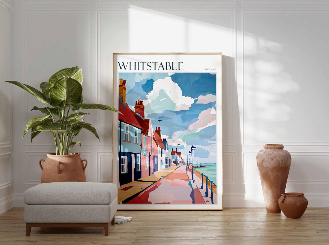 Whitstable England Pastel Seafront Cottages Dramatic Sky Poster - Image 2