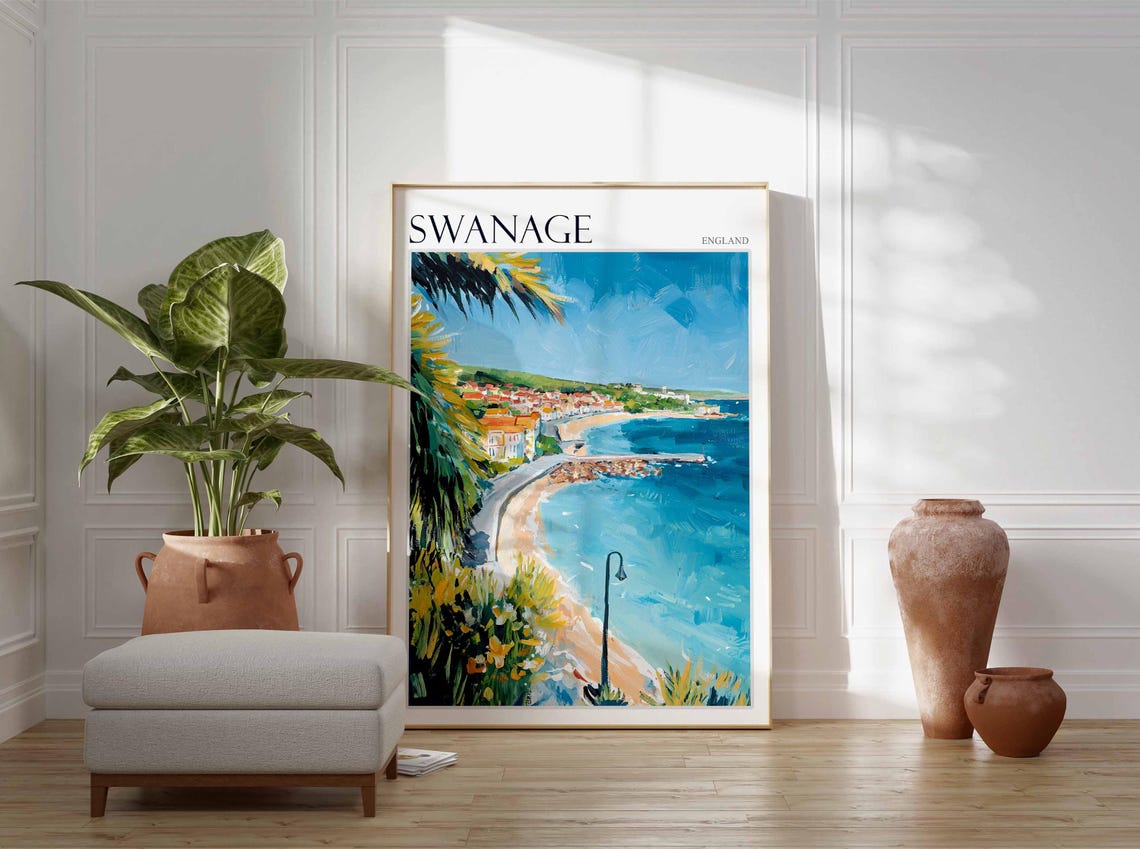 Swanage England Palm Fringed Beach Promenade and Seaside Town Poster - Image 2