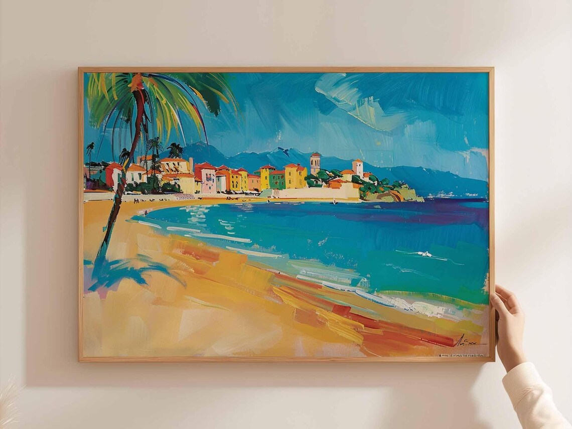 Cannes French Riviera Leaning Palm Turquoise Bay Town Poster