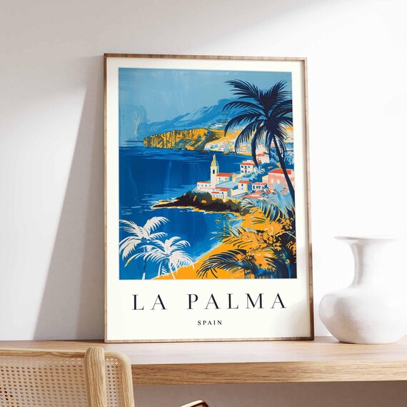 La Palma Spain Coastal Town Palm Trees Painted Travel Poster