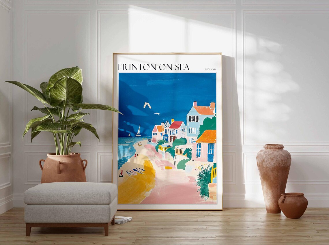 Frinton On Sea Minimalist Pink Beach Sailboats White Seagull Travel Poster - Image 3