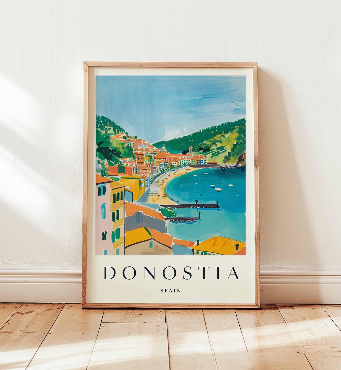 Donostia Spain Painted Coastal Bay Colorful Seaside Travel Poster