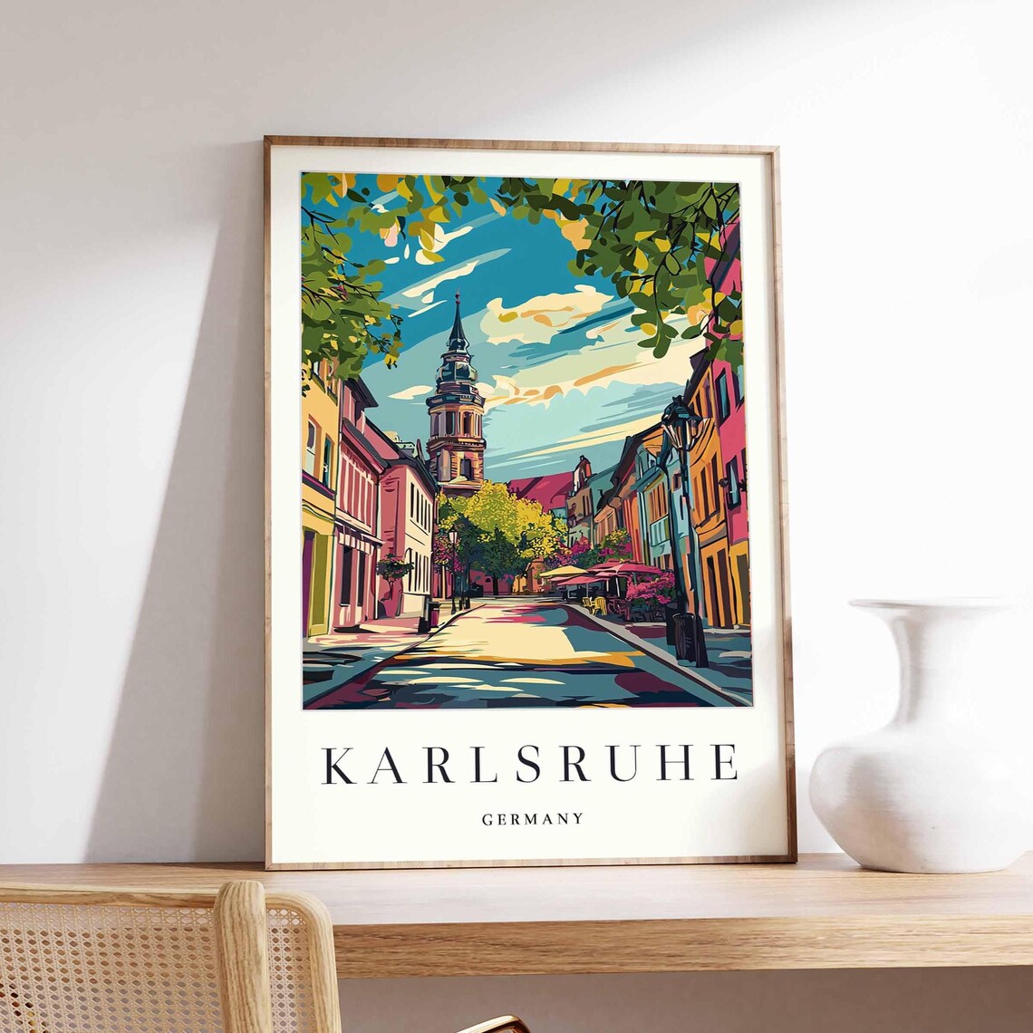 Karlsruhe Germany Church Spire Colorful Street Cafe Scene Poster