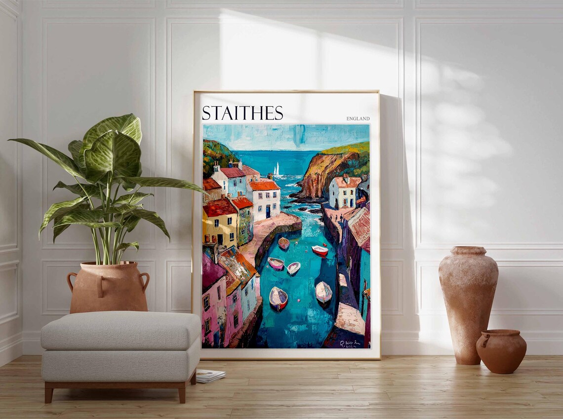 Staithes England Sunlit Harbor with Colorful Houses and Sailboat Poster - Image 2