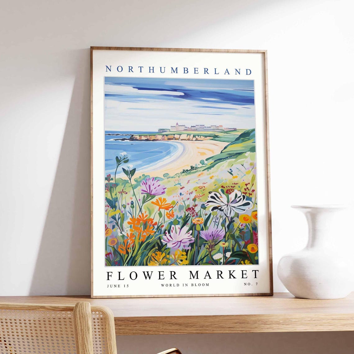 Northumberland Flower Market Cliffs Beach Bold Bloom Art Poster