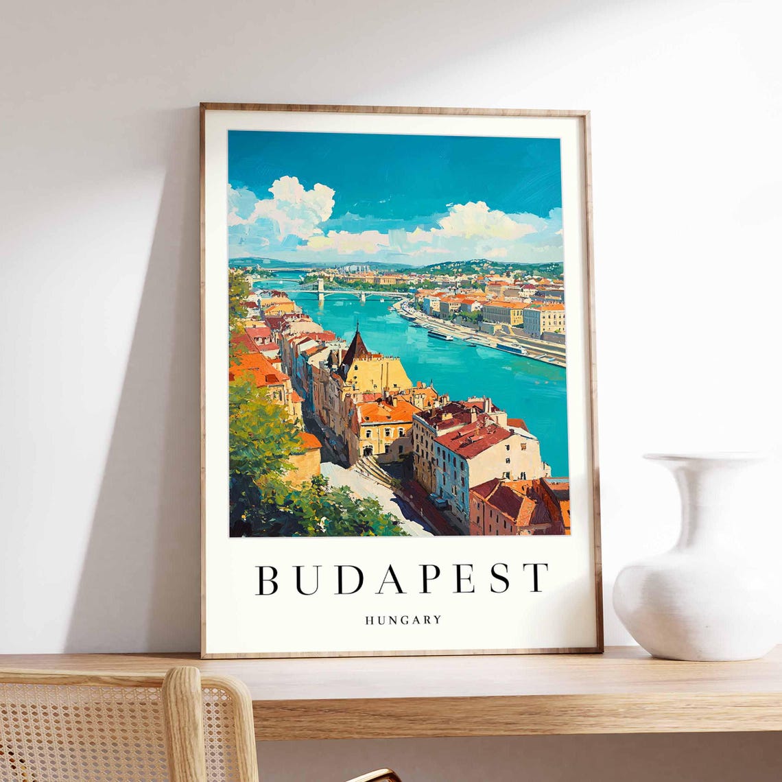 Budapest Danube River Bend Red Rooftops Town View Travel Poster