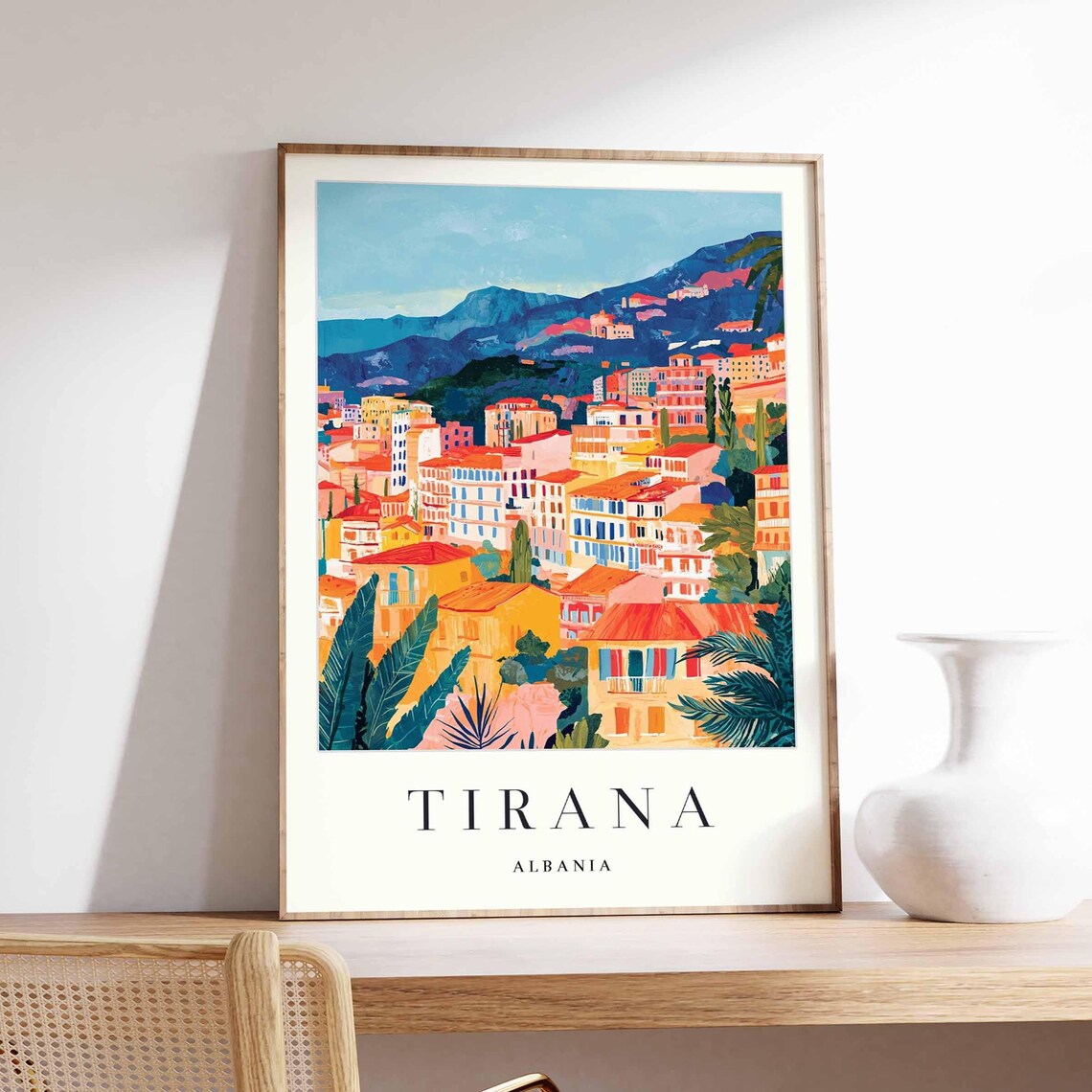 Tirana Albania Colorful Hillside City Red Roofs Mountain View Poster