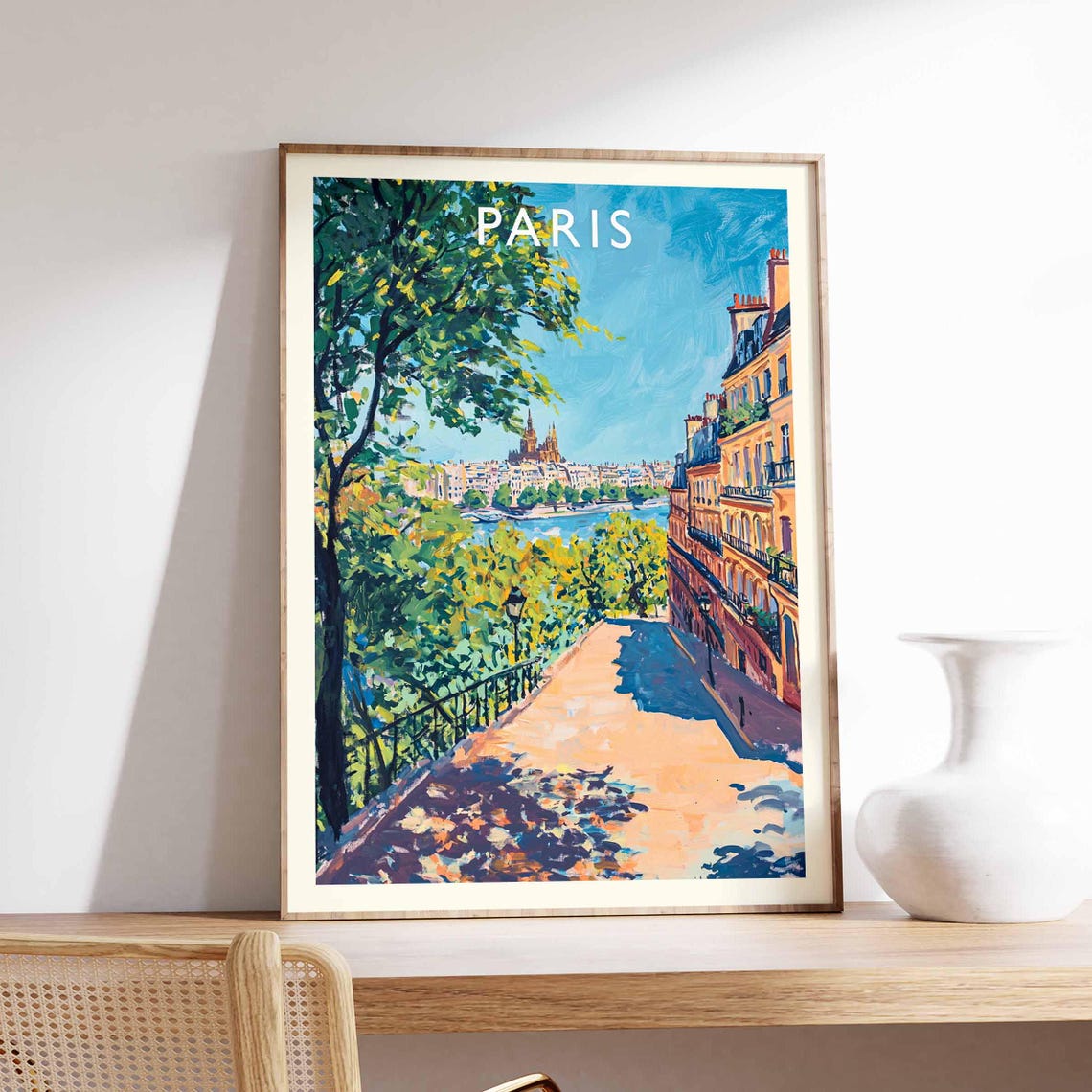 Paris France Leafy Terrace Overlooking the River and Rooftops Poster