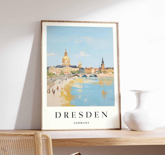 Dresden Germany Golden Domed Church Bridge Sunny River View Poster