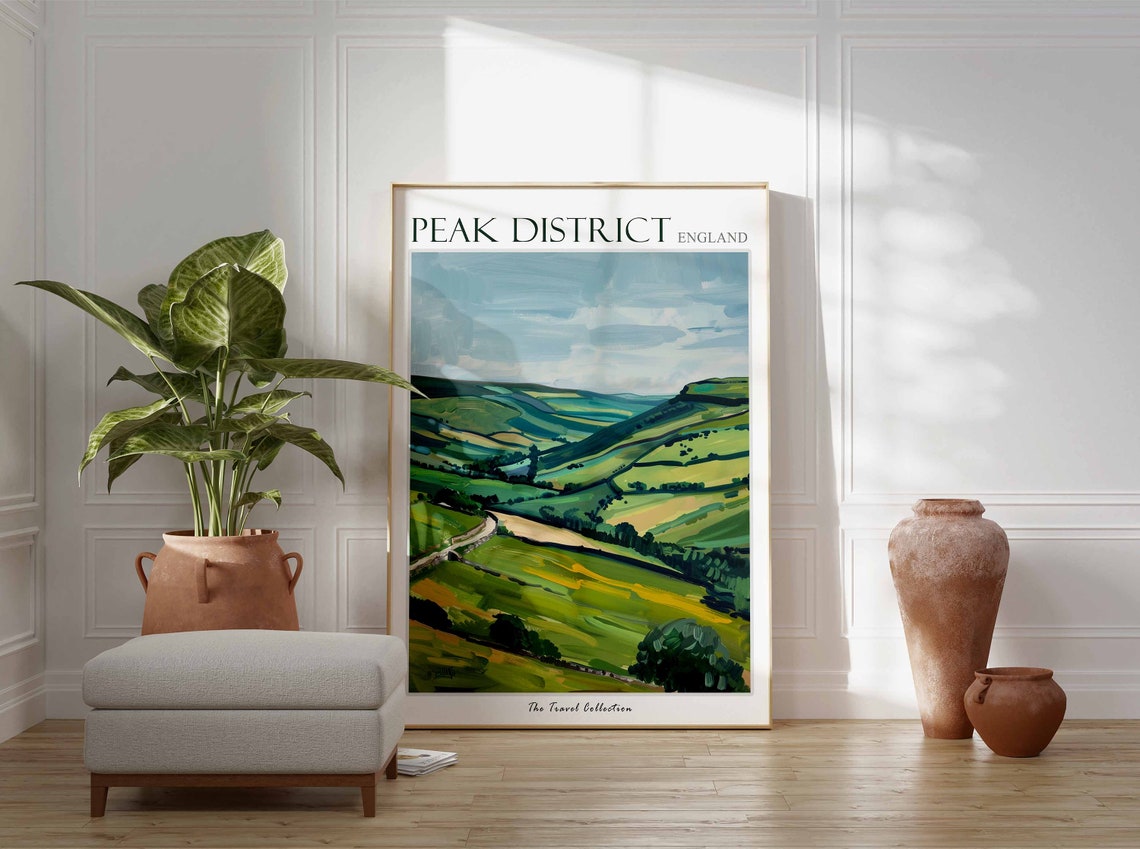 Peak District England Green Hills Countryside Painted Travel Poster - Image 2