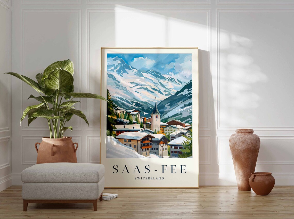 Saas Fee Switzerland Church Spire Snowy Village Alpine Mountain Poster - Image 3