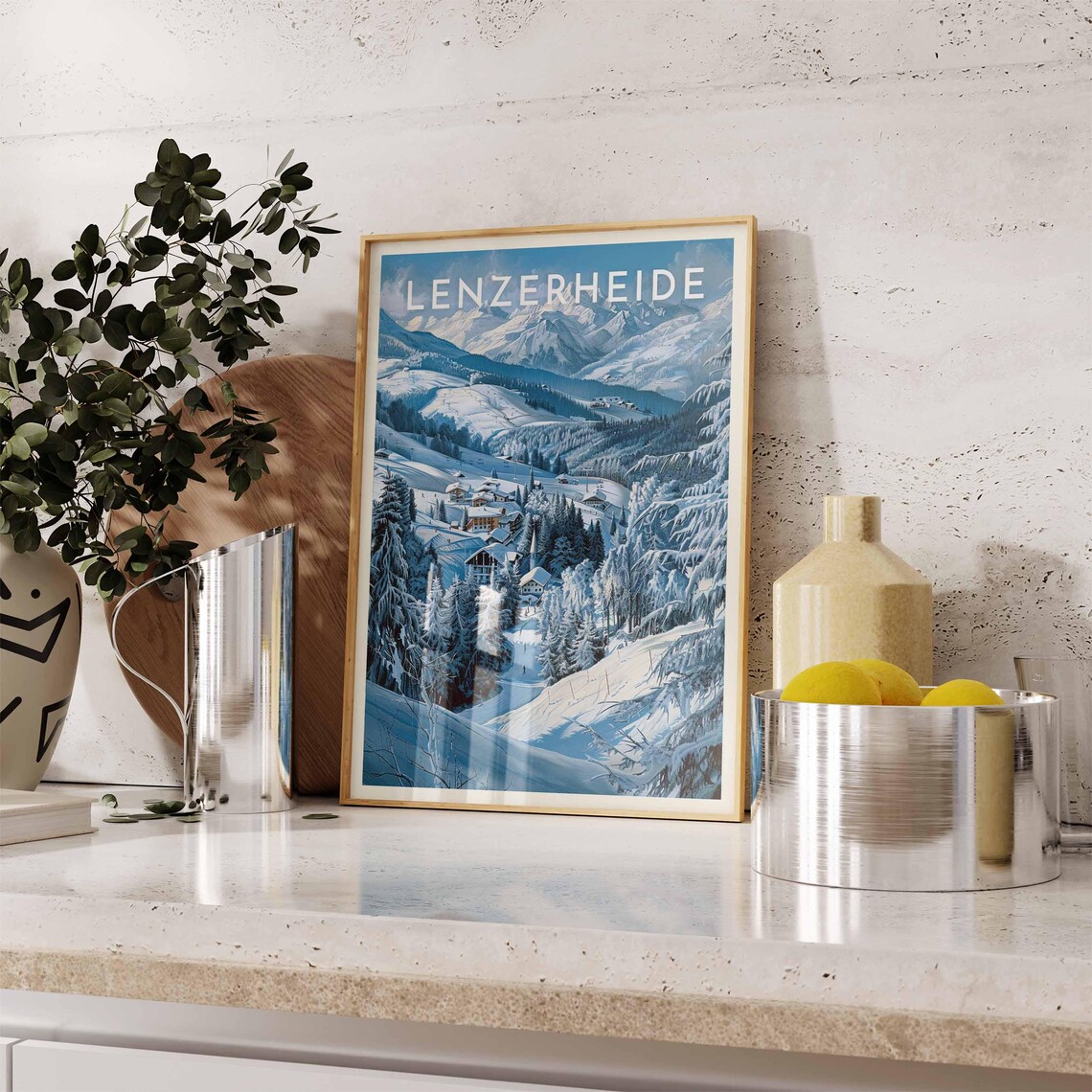 Lenzerheide Switzerland Snowy Village Church Blue Peaks Ski Poster - Image 2