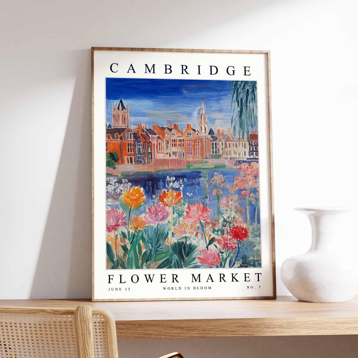 Cambridge Flower Market Riverside Tower And Pink Tulips Poster