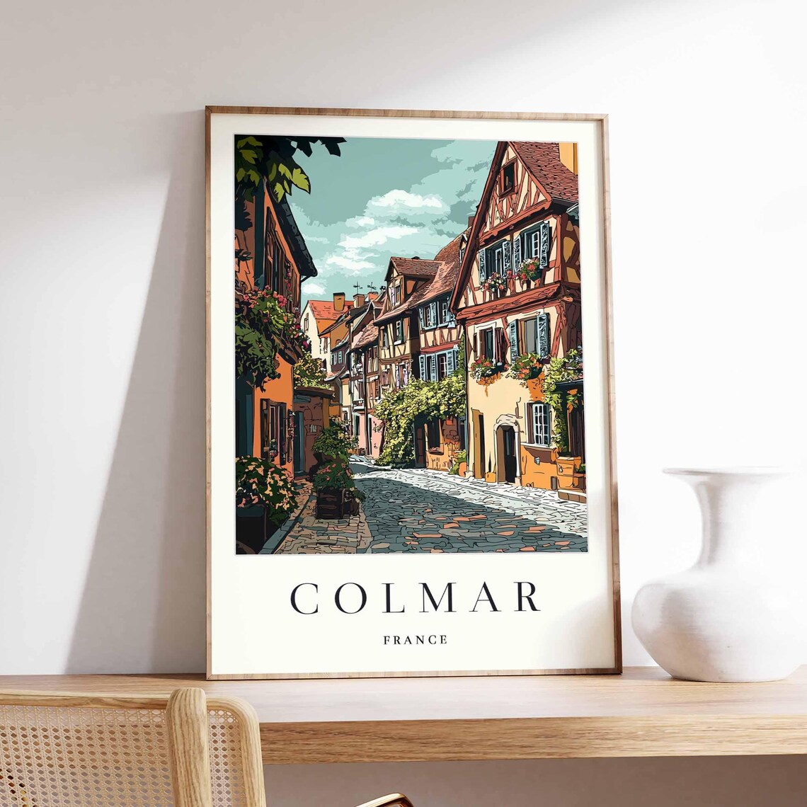 Colmar France Cobblestone Street Timbered Houses Travel Poster