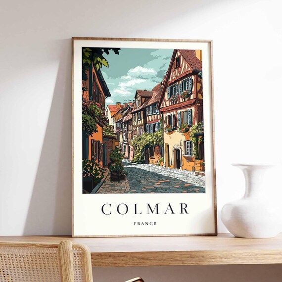 Colmar France Cobblestone Street Timbered Houses Travel Poster