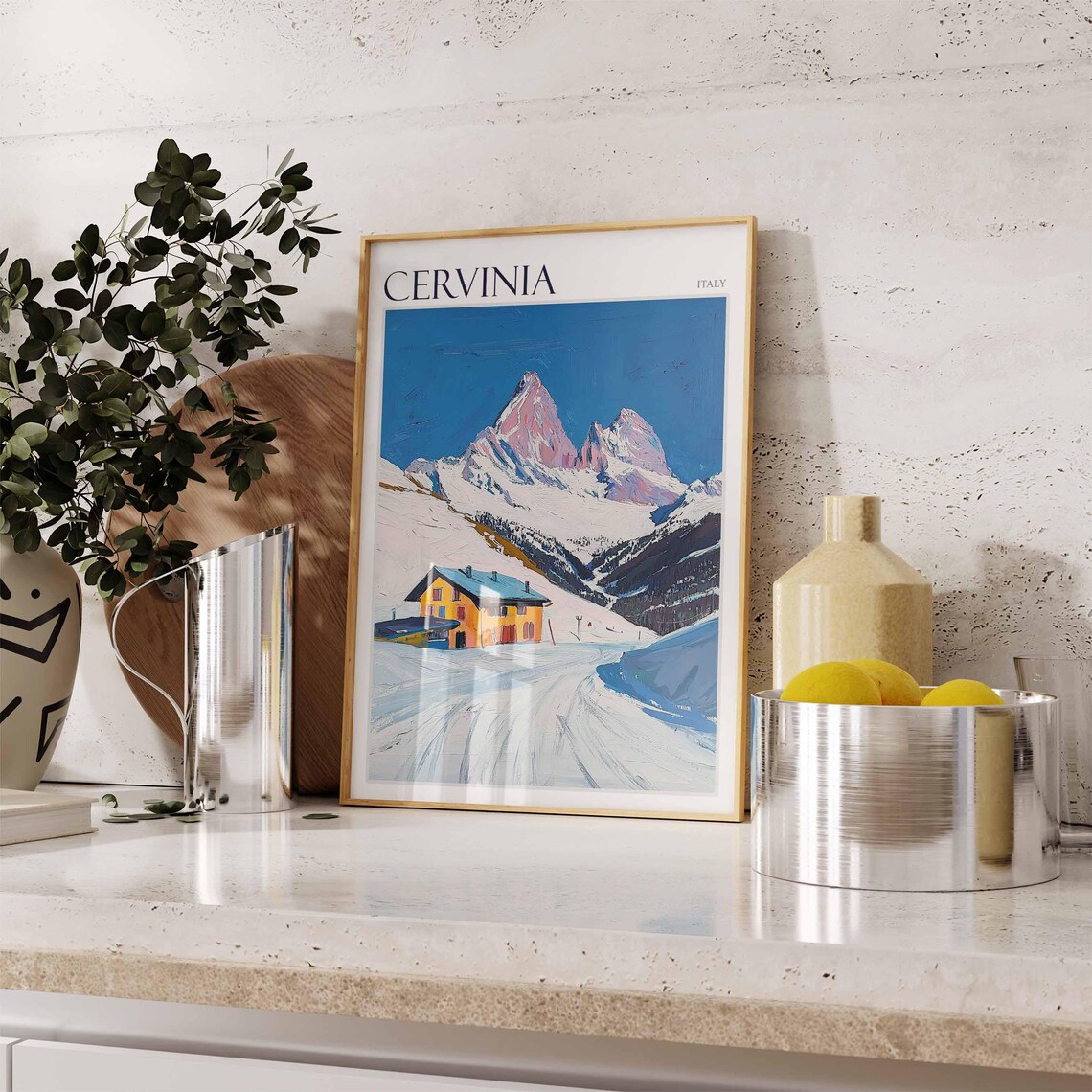 Cervinia Italy Pink Peaks Yellow Chalet Curving Ski Tracks Poster - Image 2