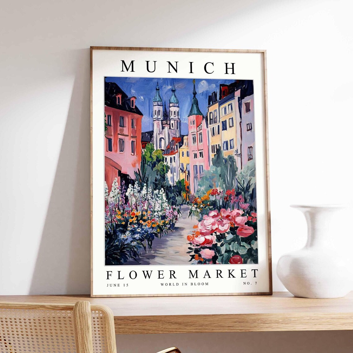 Munich Flower Market Rose Lane Twin Spires Old Town Scene Poster