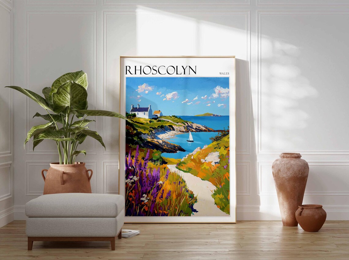 Rhoscolyn Wales Lavender Field Path Cottage Sailboat Art Poster - Image 4