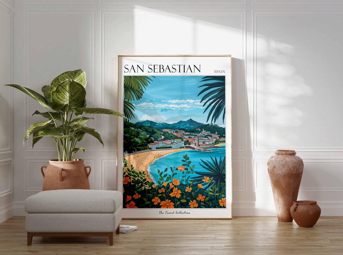 San Sebastian Spain Beach Palm Fronds Orange Flowers Art Poster - Image 2