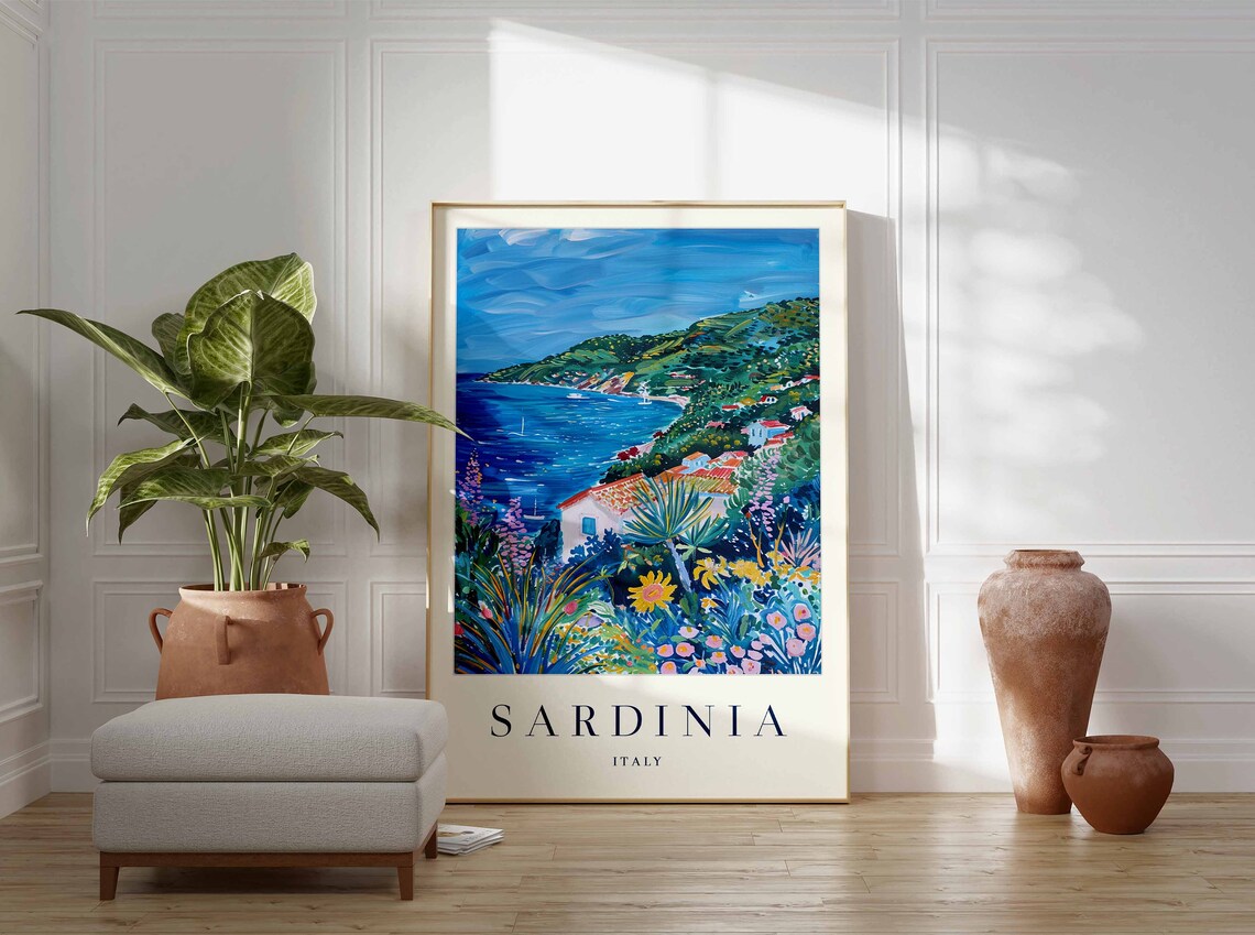 Sardinia Italy Travel Poster Vibrant Garden Coastline Art Collection View - Image 3