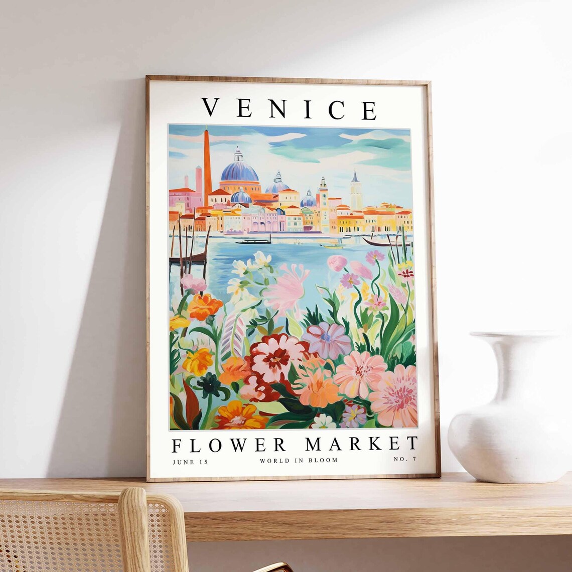 Venice Flower Market Poster with Moored Boats and Lagoon Domes at Dawn
