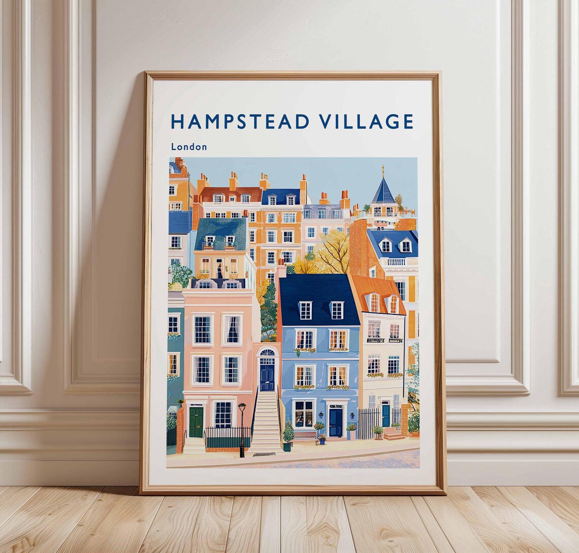 Hampstead Village London Pink And Blue Terraced Street Poster