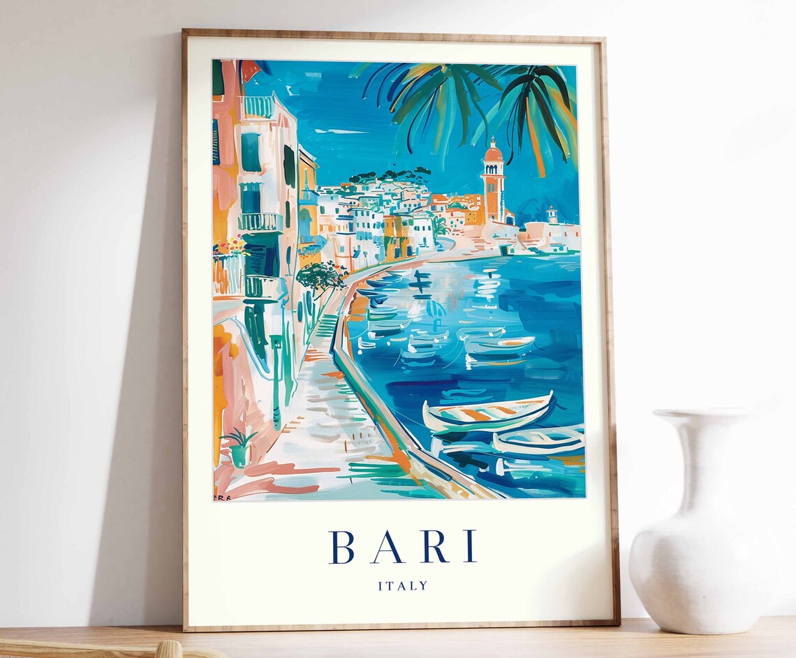 Bari Italy Travel Poster Adriatic Waterfront And Colorful Buildings