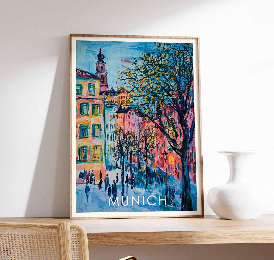 Munich Germany Night Street Blue Glow Church Tower Evening Poster