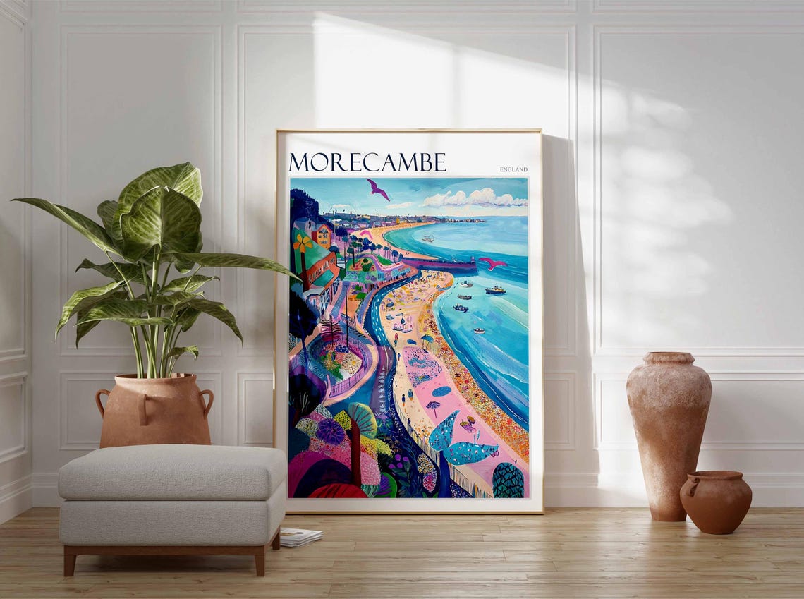 Morecambe England Colorful Curving Promenade Pink Birds Beach Poster - Image 3