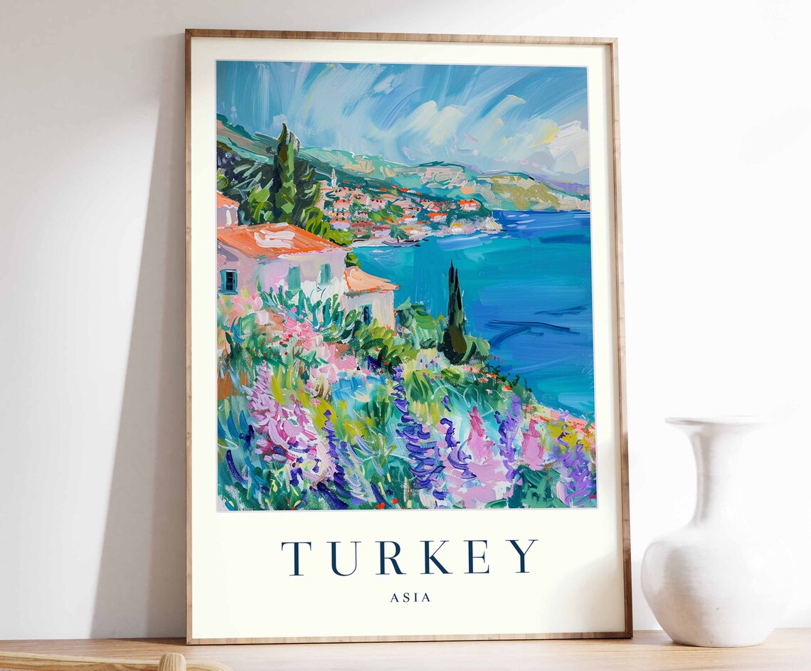Turkey Wildflower Coast Impressionist Village Blue Sea Travel Poster
