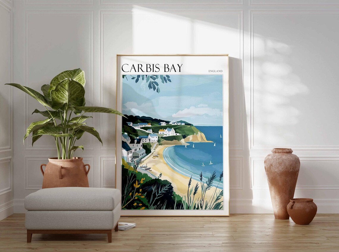 Carbis Bay England White Cottages Hill Bay Sailboats Travel Poster - Image 3