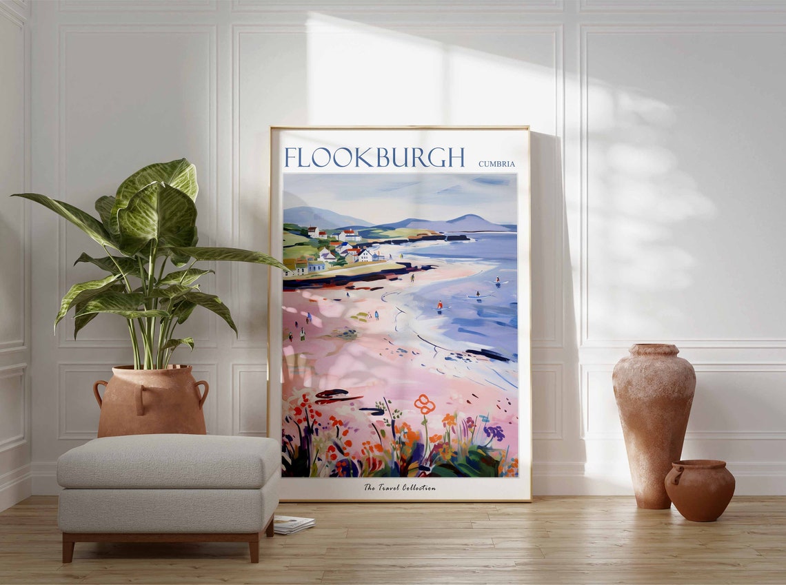 Flookburgh Cumbria Pink Sand Beach Wildflowers Vintage Travel Poster - Image 3