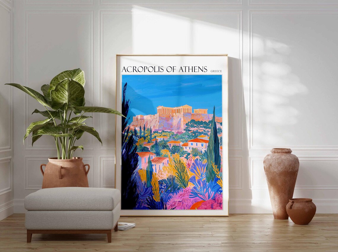 Acropolis Of Athens Greece Pink Floral Colorful Travel Poster - Image 2