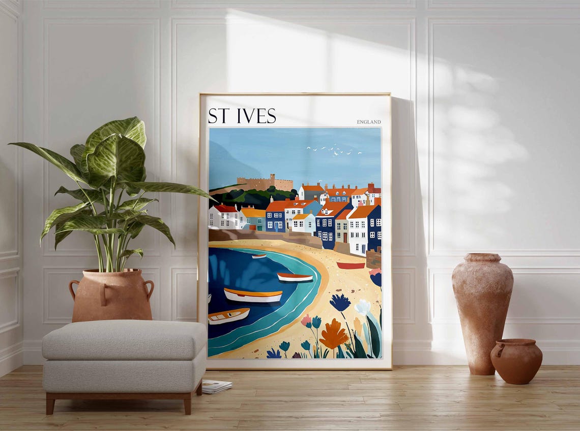 St Ives England Flowered Cove Boats Beach Romantic Scene Art Poster - Image 2