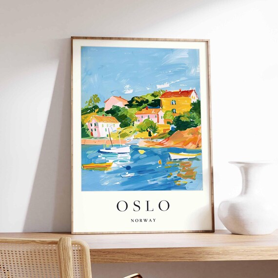Oslo Norway Coastal Inlet Boats Red Cottages Brushstroke Poster