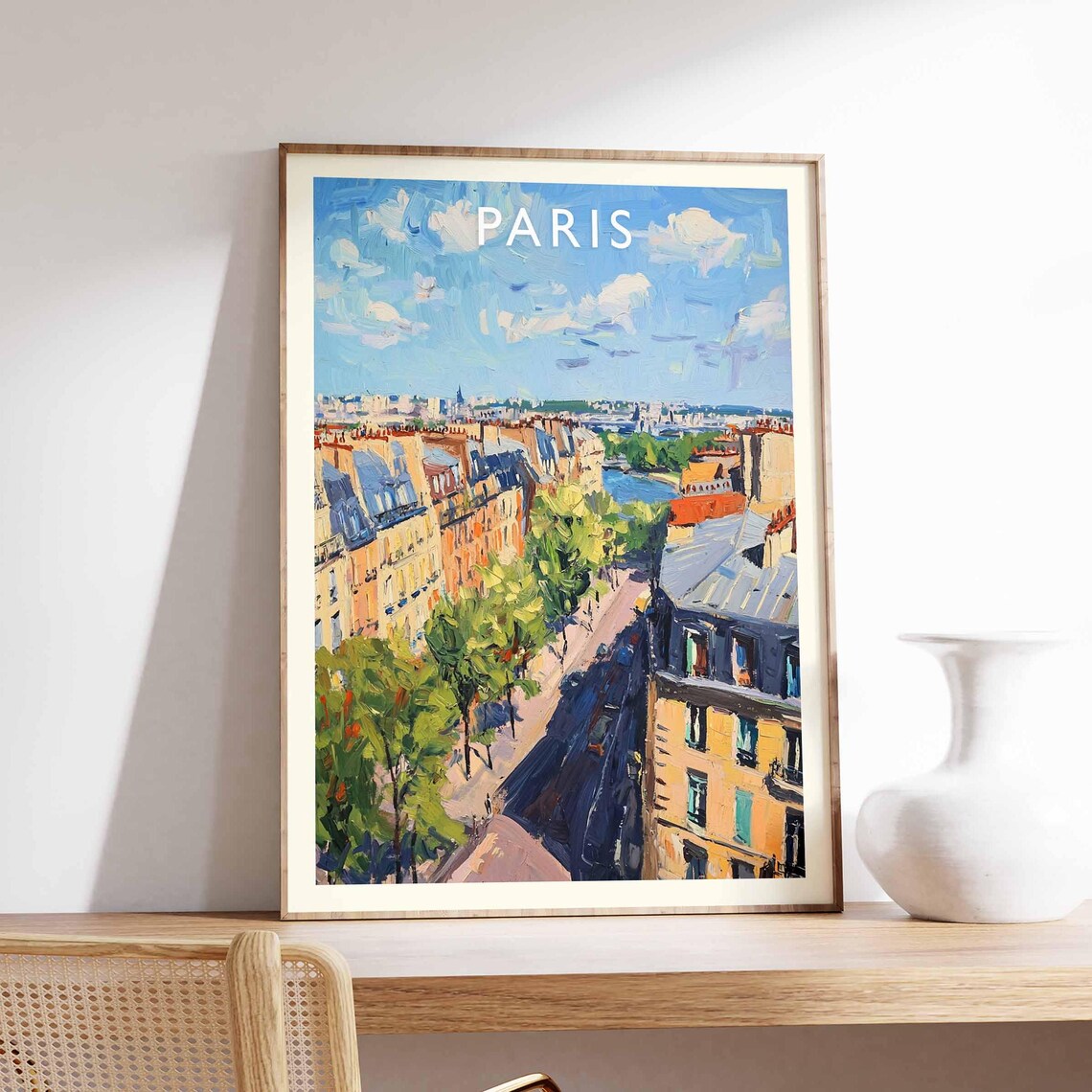 Paris Rooftop View With Seine River Glimpse in Bright Blue Poster