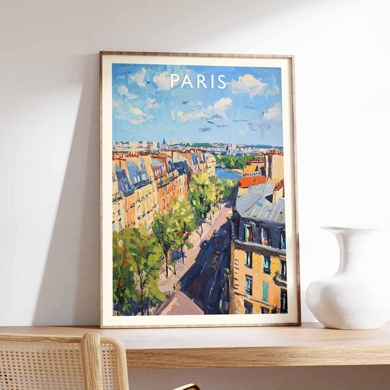 Paris Poster France Travel Print Eiffel Tower Cityscape Wall Decor Louvre Museum View Parisian City Gift