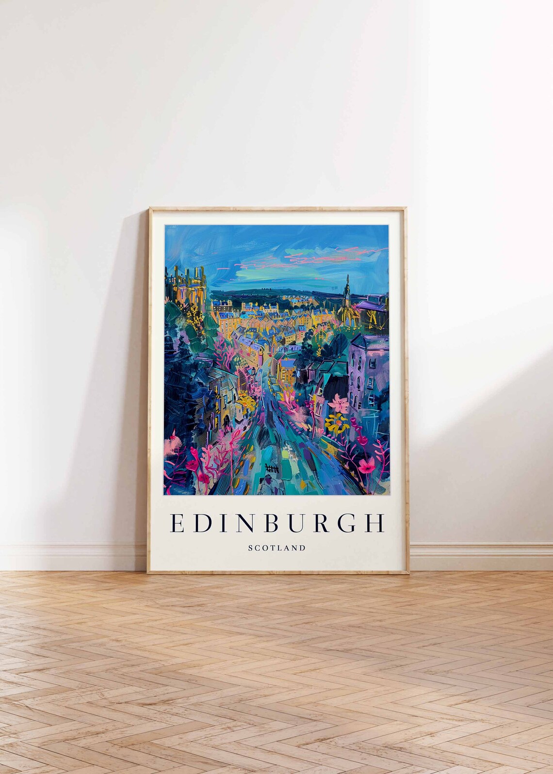Edinburgh Scotland Night Cityscape Neon Floral Painting Art Poster - Image 2