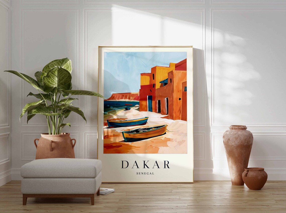 Dakar Senegal Fishing Boats Orange Buildings Sandy Shore Travel Poster - Image 3
