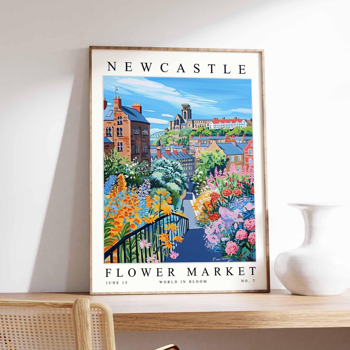 Newcastle Flower Market Blooming Path to City Skyline Poster